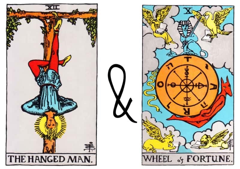 Wheel of Fortune và The Hanged Man khi cùng xuất hiện sẽ tượng trưng cho nỗi buồn chán trong lòng bạn