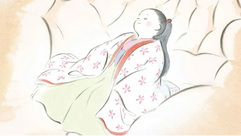 Công chúa Kaguya bé nhỏ nằm gọn trong lòng bàn tay của ông Miyatsuko trong phim Chuyện công chúa Kaguya