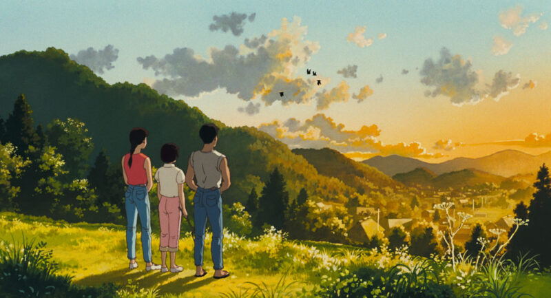 Cả ba người Toshio, em gái anh và Taeko nhìn ngắm hoàng hôn đẹp đẽ ở vùng quê