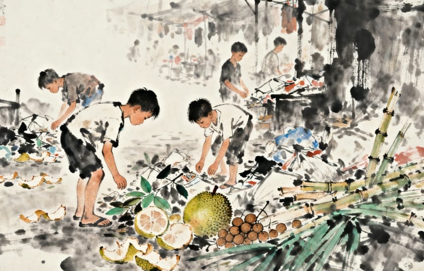 Những đứa trẻ con nhà nghèo lom khom nhặt nhạnh rác rưởi - một nét vẽ xót xa về sự sống đang bòn mót từ trong cõi tàn