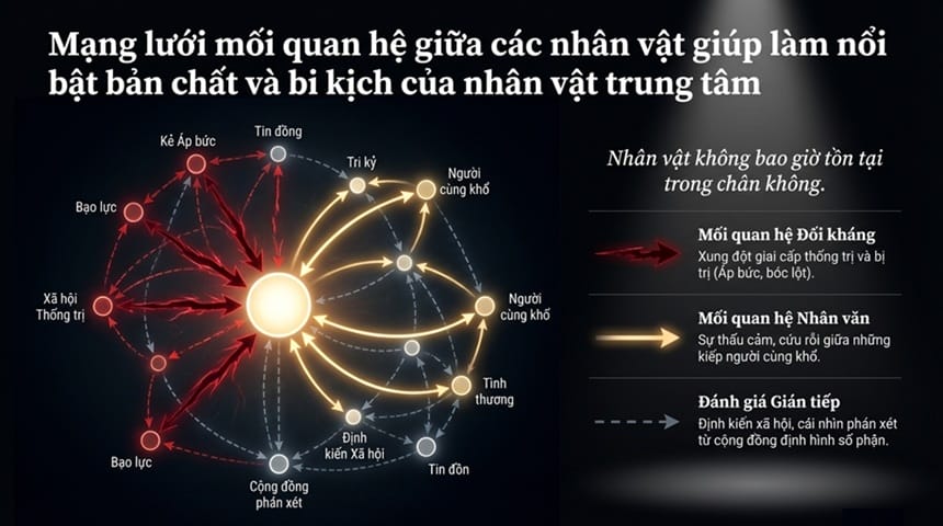 Mạng lưới mối quan hệ giữa các nhân vật giúp làm nổi bật bản chất và bi kịch của nhân vật trung tâm