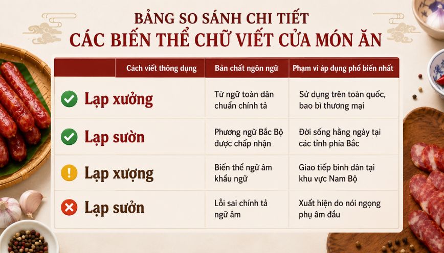 Bảng so sánh chi tiết các biến thể chữ viết của món ăn