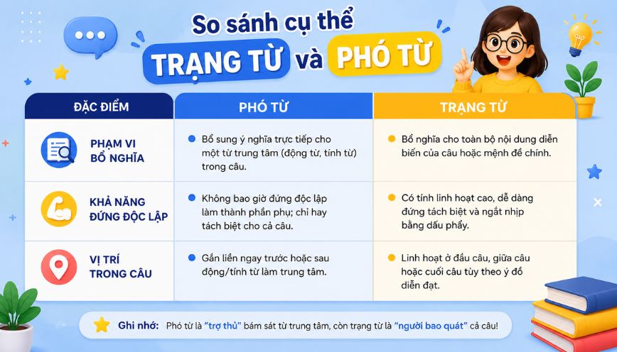 So sánh cụ thể trạng từ và phó từ