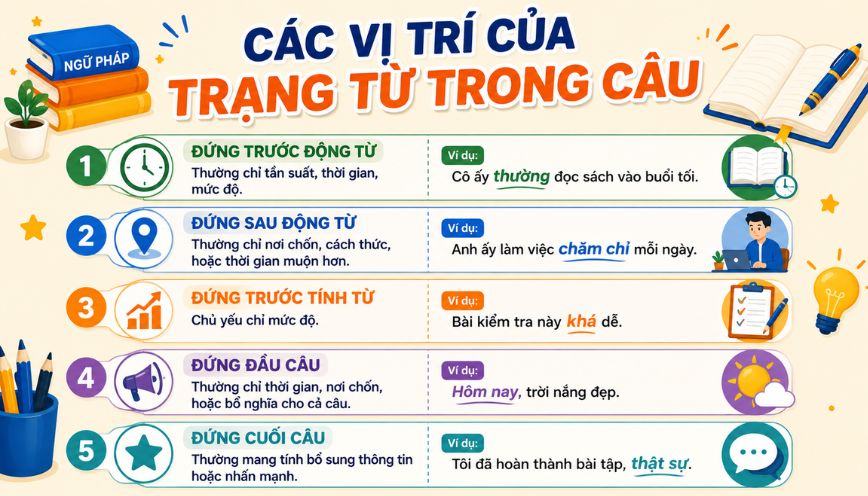 Các vị trí của trạng từ trong câu tiếng Việt