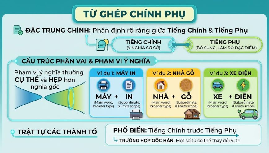 Từ ghép chính phụ mang ý nghĩa cụ thể và hẹp hơn từ gốc
