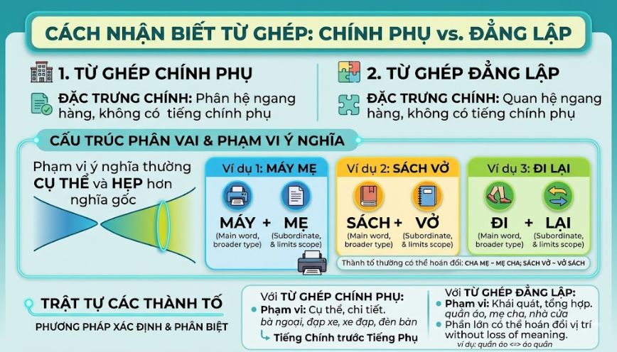 Cách nhận biết tính chất chính phụ hay đẳng lập của từ ghép
